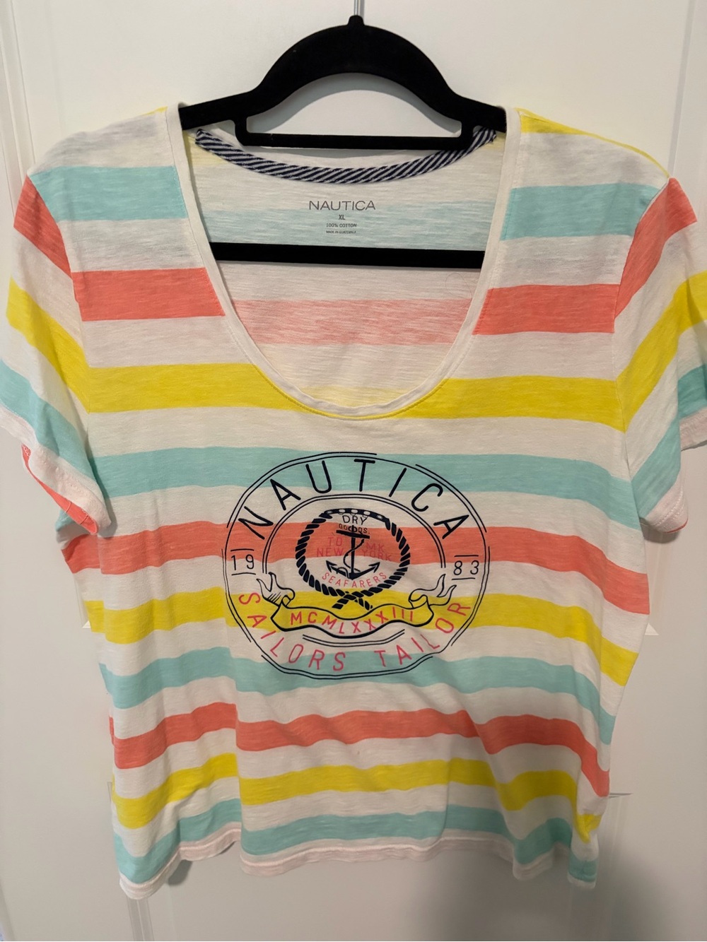 Nautica Women’s Coral, Yellow & Mint Striped Scoop Neck Tee